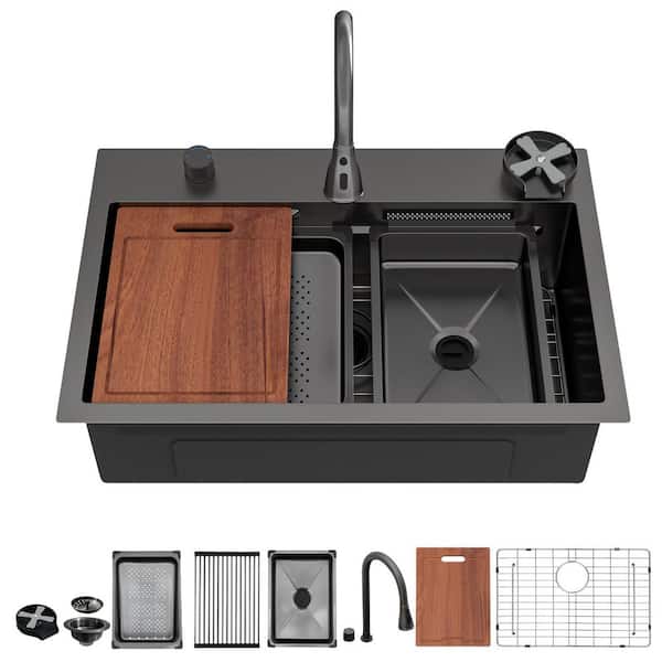 31.5 in. Drop-In Single Bowl 16 Gauge Gunmetal Black Stainless Steel Kitchen Sink with Pull-out Faucet and Cup Washer