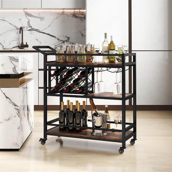 Rustic Brown Kitchen Serving Cart with 3-tier Home Wine Rack & Glass Holder and Wheels