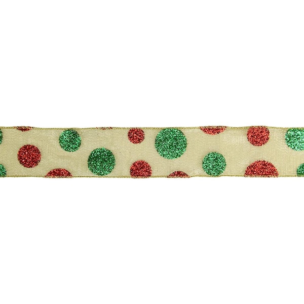 Northlight 2.5 in. x 16 yds. Red and Green Glitter Polka Dots on Metallic Gold Wired Ribbon