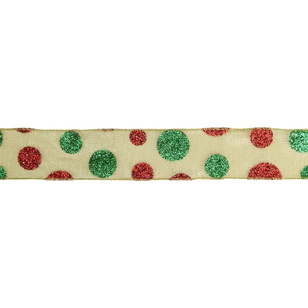 Northlight 2.5 in. x 16 yds. Red and Green Glitter Polka Dots on