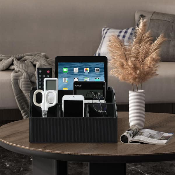 Black PU Leather Remote Control Holder, 5-Compartment Desk Caddy，10inx5. 5in