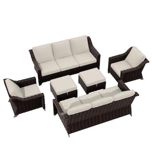 Brown Wicker 6-Piece Outdoor Patio Conversation Set with Beige Cushions and 2-Ottomans