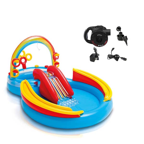 INTEX 117 in. x 76 in. x 10 in. D Oval Inflatable Kiddie Pool Rainbow Ring Play Center with Slide and Quick Fill Air Pump