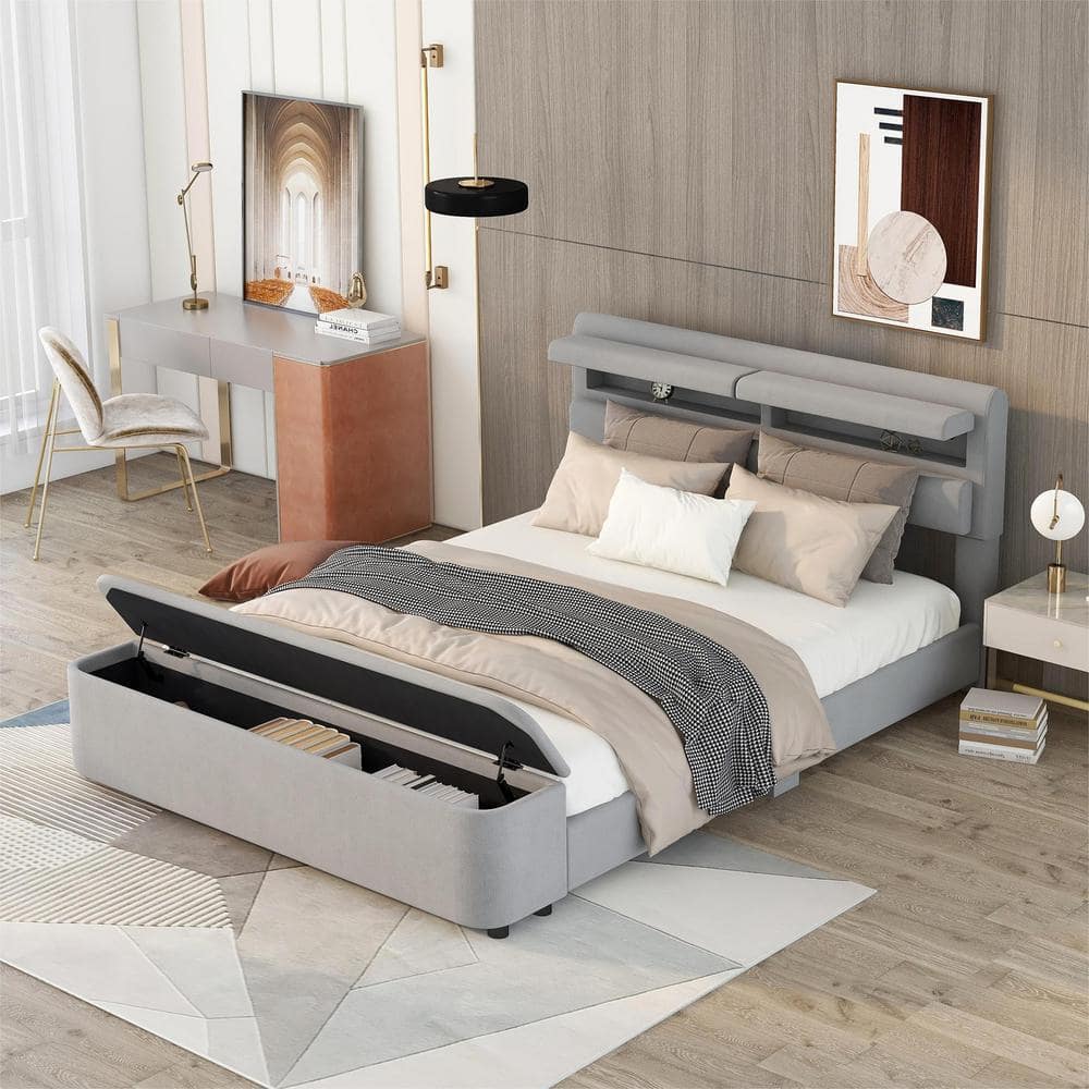 GODEER Gray Wood Frame Queen Size Upholstery Platform Bed with Storage