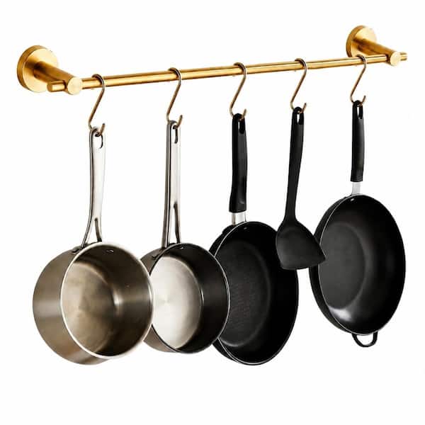 Brushed Gold Wall-Mounted Stainless Steel Pot Rack with 10 S Hooks for Pots, Pans and Kitchen Organization