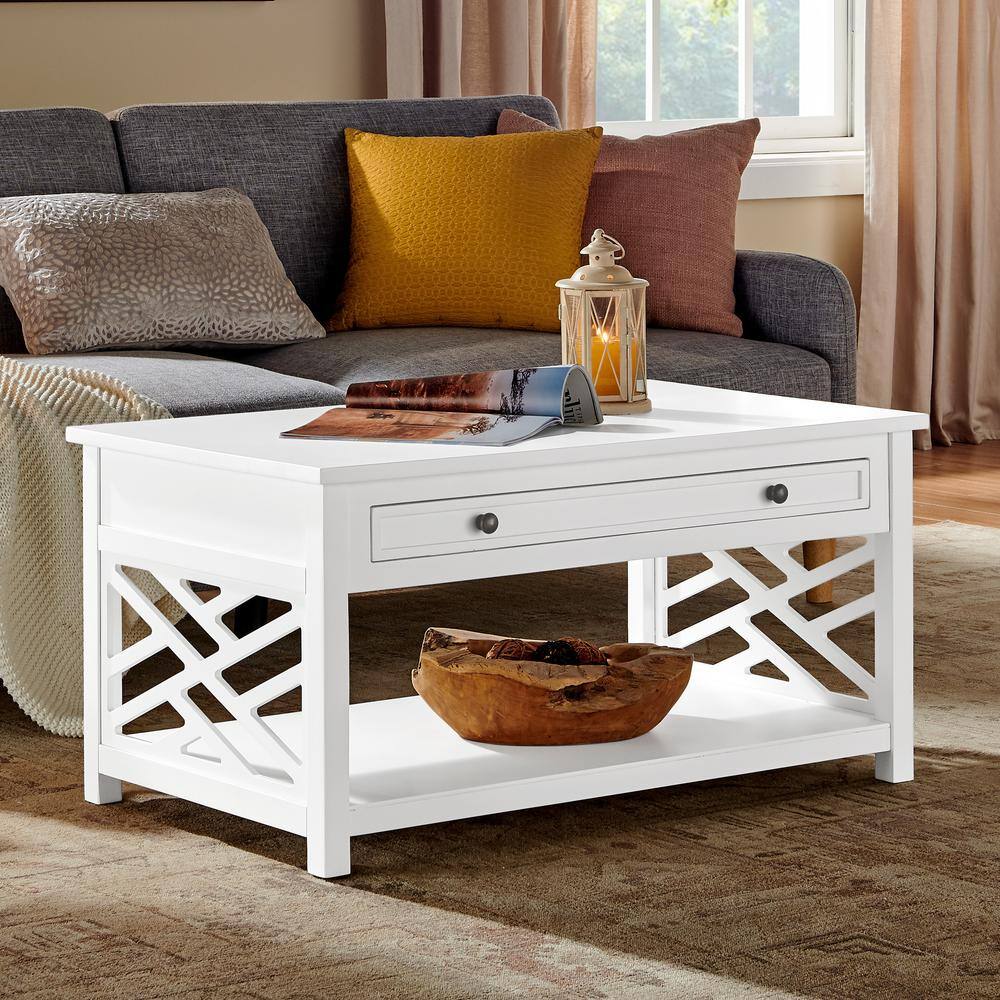 Transitional 36" Pine Wood Coffee Table with Storage Drawer