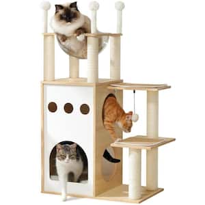 42.5 in. Beige Wooden Cat Tower with 2-Floor Condo, Cat Scratching Posts, Capsule Nest, Dangling Balls