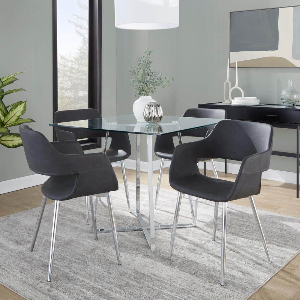 Grey Faux Leather Low Arm Chair with Chrome Metal Legs