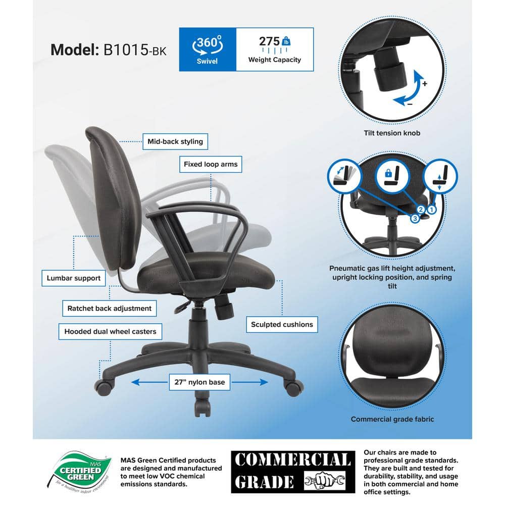ErgoComfort Mid-Back Black Fabric Task Chair with Fixed Arms