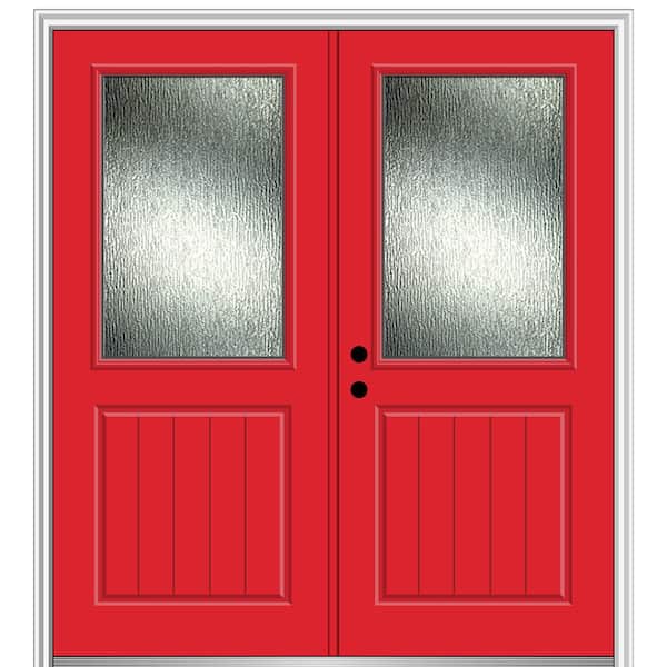 MMI Door 64 in. x 80 in. Right-Hand/Inswing Rain Glass Red Saffron Fiberglass Prehung Front Door on 4-9/16 in. Frame