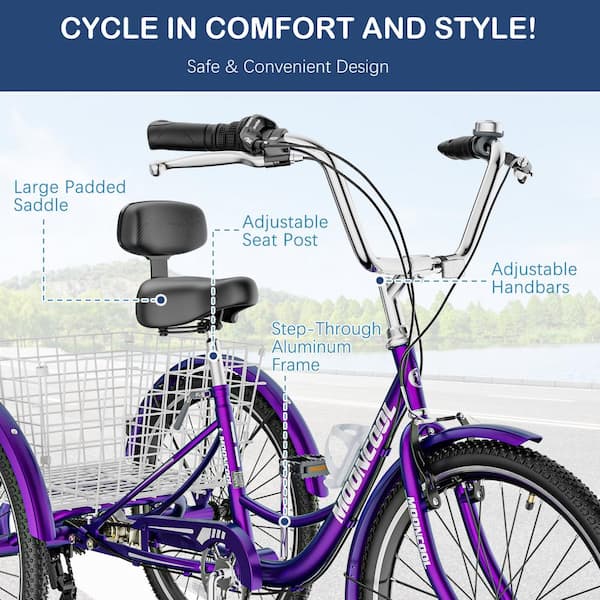 MOONCOOL Tricycle 24 in., 3 Wheel 7 Speed Bikes Cruise Trike with