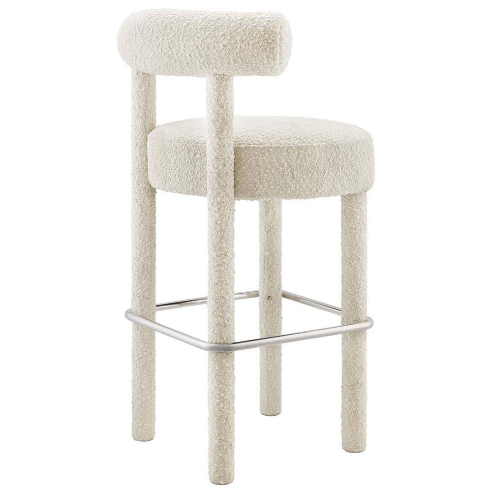 Ivory Boucle Fabric Bar Stool with Metal Stretcher, 30" Seat Height