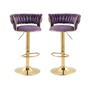 37.8 in. Swivel Adjustable Height Golden Metal Frame Cushioned Bar Stool with Purple Velvet Seat (Set of 2)