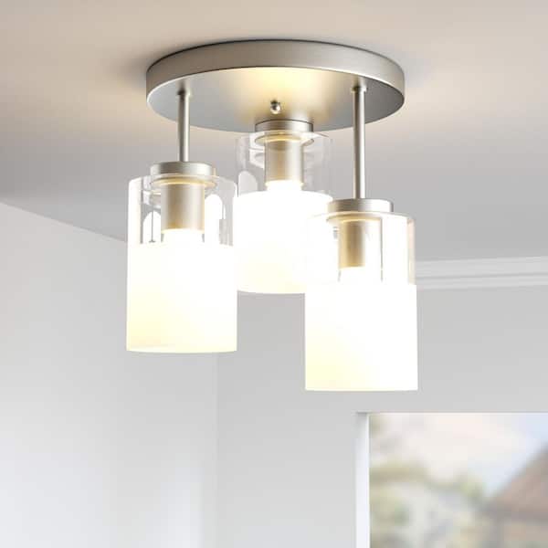 Sonoma 11.5 in. 3-Lights Brushed Nickel Glass Modern Semi Flush Mount Lighting Bedroom Ceiling Lights Fixtures