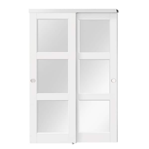 56 in. x 80 in. White MDF and Solid Wood Double 3 Lite Mirrored Glass Panel Bypass Sliding Door with Aluminum Hardware