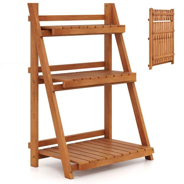 Foldable 3-tier Wood Plant Stand Ladder Flowerpot Holder Display Rack with Teak Oil Finish (34 in. H)