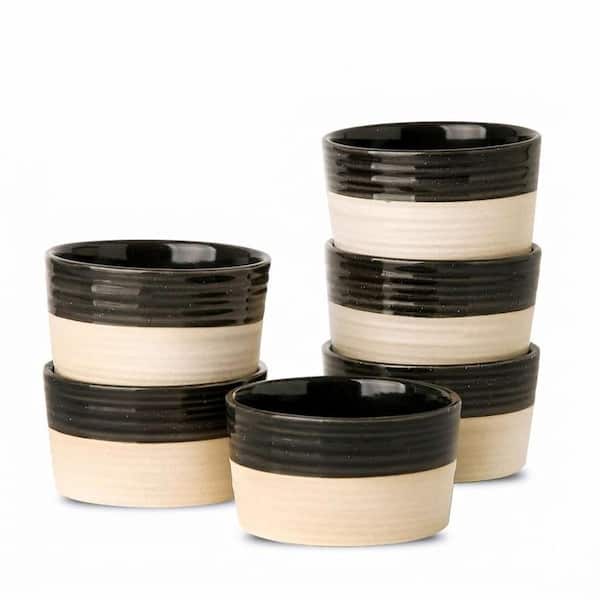 4 oz Ceramic Mini Ramekins Round Patchwork Design Oven Safe Dessert Bowls with Glossy Black Matte Ash Gray 6-Pack