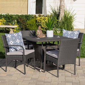 Lea Grey 5-Piece Faux Rattan Outdoor Dining Set with Grey Cushions