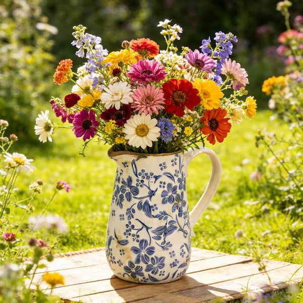 7.1 in. White+Blue Ceramic Decorative Pitcher Flower Vase with