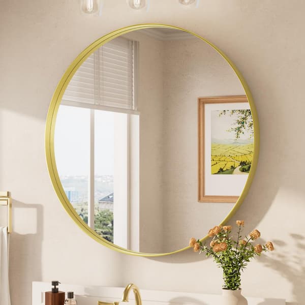36 in. W x 36 in. H Medium Round Aluminum Framed Modern Wall Mounted Bathroom Vanity Mirror in Brass Gold