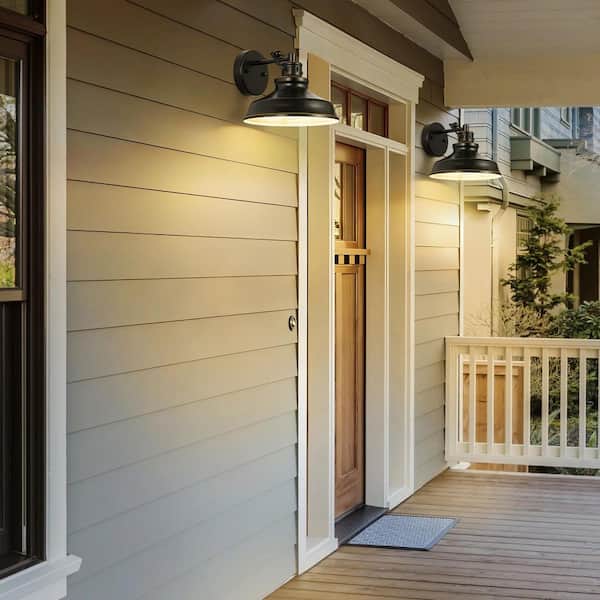 Husby 9.25 in. W 1-Light Vintage Matte Black Dome Wall Sconce White Interior with Gold Trim