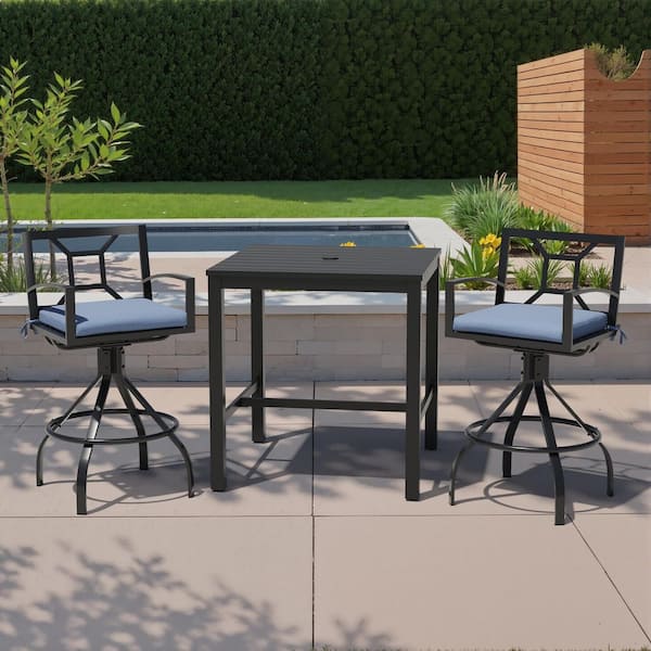 3-Piece Square Aluminum Outdoor Dining Set with 35.4 in. Table and Bar Stool with Blue Sunbrella Cushion