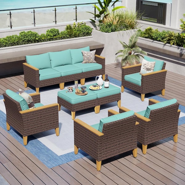 PHI VILLA Brown Rattan Wicker 9 Seat 9-Piece Steel Outdoor Patio Conversation Set with Blue Cushions