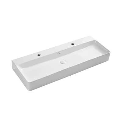 43.3 in. W Art Wall Mounted Ceramic Rectangular Single Bowl Trough Vessel Sink Above Counter in White