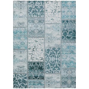 Teal 8 ft. x 10 ft. Woven Plaid Rectangle Indoor/Outdoor Area Rug