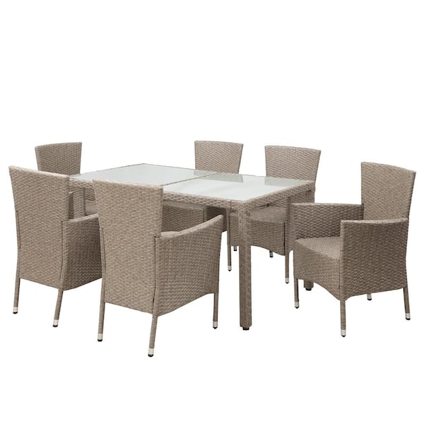 Unbranded Beige-Brown 7-Piece Wicker Outdoor Dining Set with Beige Cushion