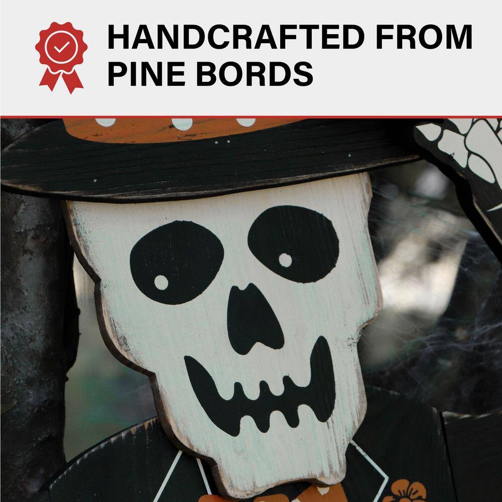 46" Painted Skeleton Holding Pumpkin Wooden Yard Stake