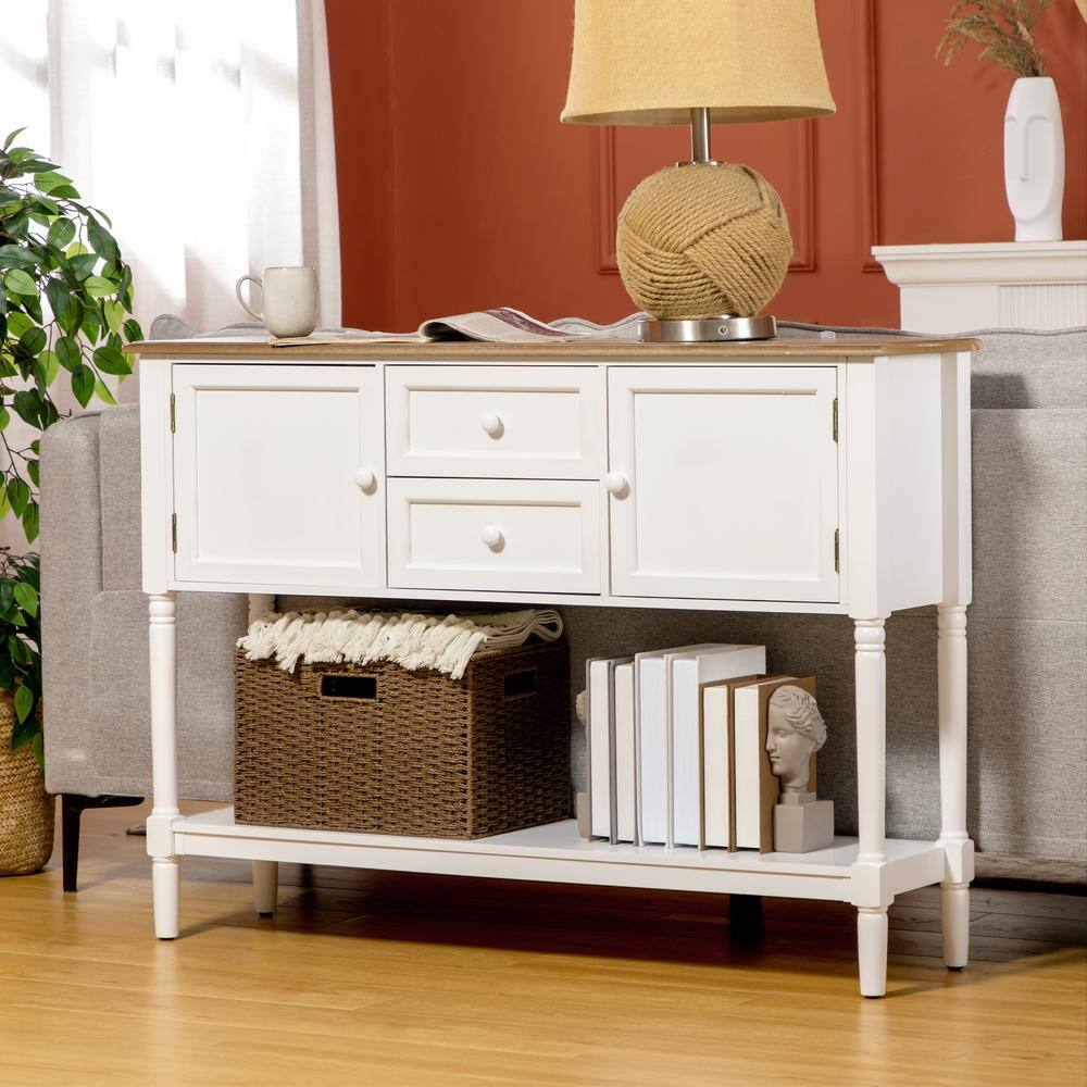 White Wood Console Table with Drawers and Storage Shelf