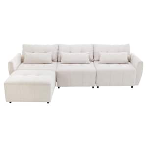 114 in. W Flared Arm 4-Piece Chenille L-Shaped Sectional Sofa in. Beige with Movable Ottoman and USB