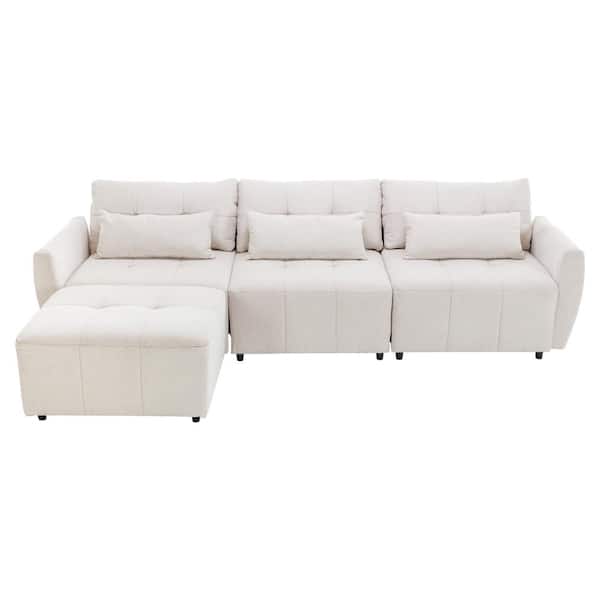 Nestfair 114 in. W Flared Arm 4-Piece Chenille L-Shaped Sectional Sofa in. Beige with Movable Ottoman and USB