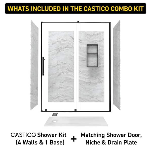 32 x 60 x 84in. Solid Composite Stone Alcove Shower Insert Wall and Base Combo Kit,Black Door,Niche and Drain-Reversible