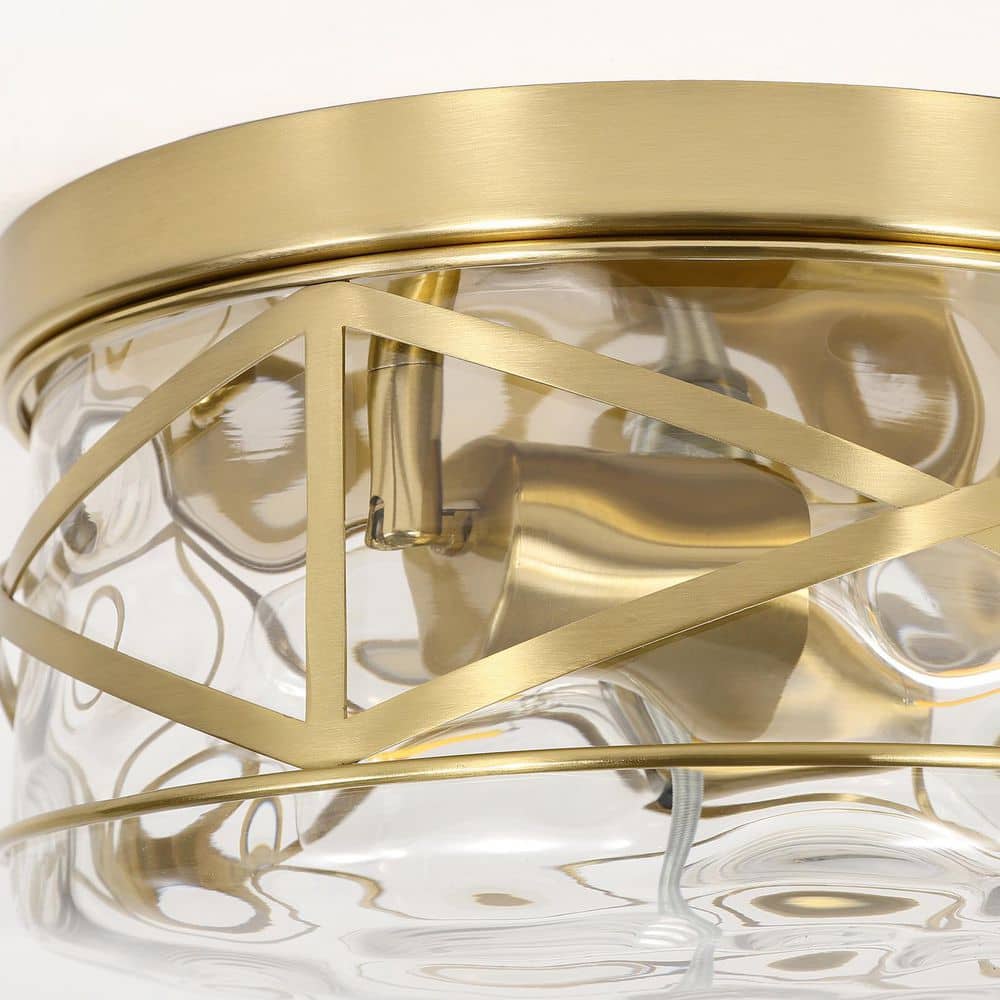 Gold 9.8" Flush Mount Ceiling Light with Hammered Glass Shade