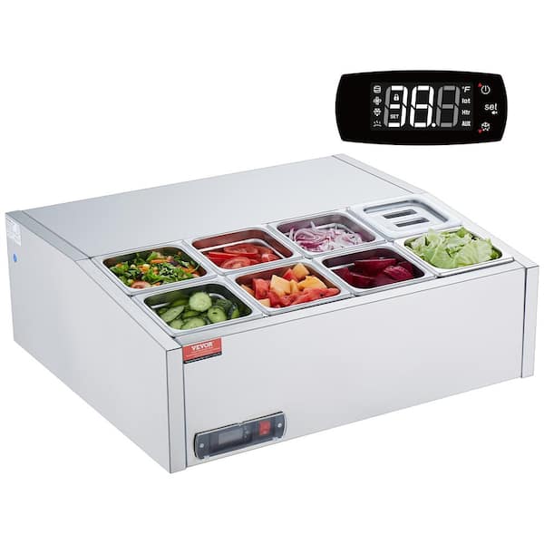 VEVOR Refrigerated Condiment Prep Station 140 W Countertop with 8 1/6 Pans 304 Stainless Body and PC Lid Stainless Steel Guard