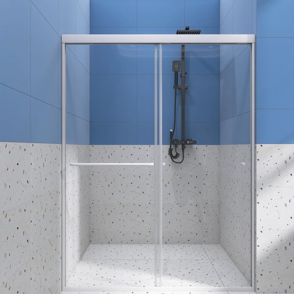Unbranded 54 in. W x 72 in. H Double Sliding Framed Shower Door in Brushed Nickel Finish with Clear Glass