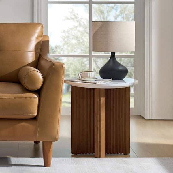 JAYDEN CREATION Liena Modern Minimalistic 19.75 in. Round Walnut Marble-Top End Table