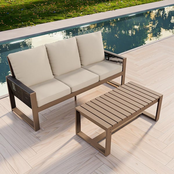 EAGLE PEAK 2-Pieces Cedar Wood Wicker Outdoor Patio Conversation 3-Seat Sofa Set with Beige Cushions, Rectangular Coffee Table