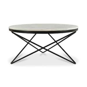 Linnea 32 in. x 32 in. x 16 in. White Round Marble Top Coffee Table with Intricate Black Iron Base, Modern Design