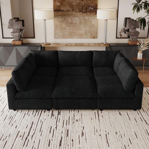 Modular Cloud Couch, 134 in. Square Arm Chenille L-shaped Sofa with Ottoman, Washable Covers for Home Theater in Black