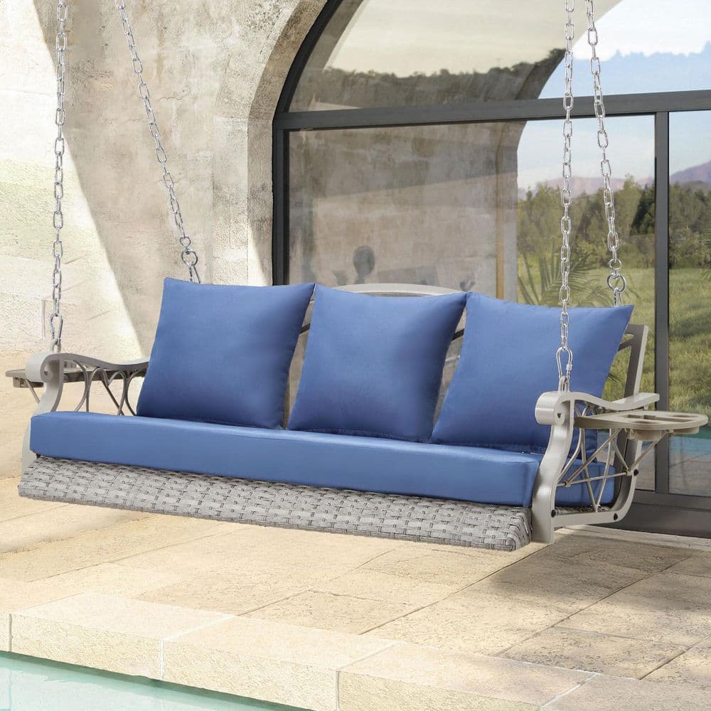 3-Person Heavy Duty 900 lbs. White Wicker Outdoor Patio Swing with Light Bl
