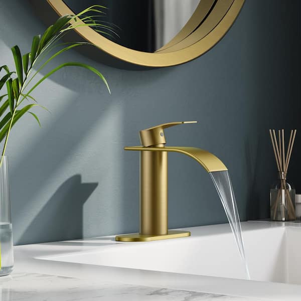 Waterfall Single Hole Single Handle Bathroom Vanity Faucet with Deck plate and Pop-Up Drain Included in Brushed Gold