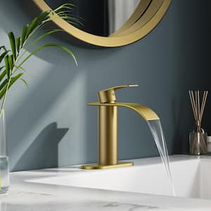 Waterfall Single Hole Single Handle Bathroom Vanity Faucet with Deck plate and Pop-Up Drain Included in Brushed Gold