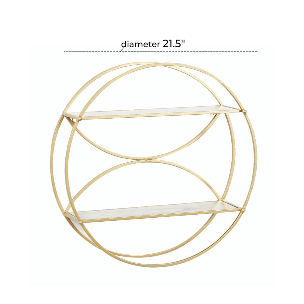 Contemporary Gold Round Iron & Wood Wall Shelf, 22" x 7"