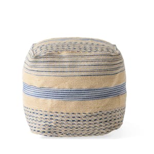 Caiman Boho Natural and Blue Hemp and Wool Pouf