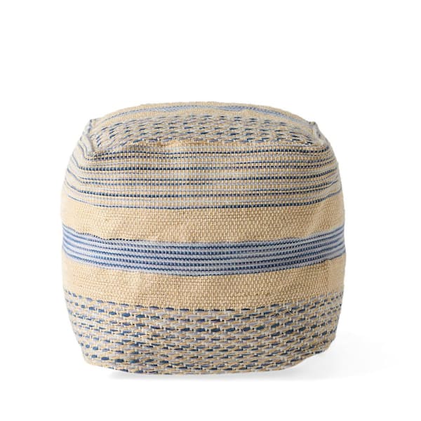 Noble House Caiman Boho Natural and Blue Hemp and Wool Pouf