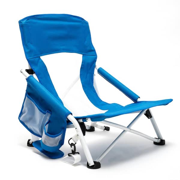 Mondawe Blue Metal Patio Folding Beach Chair Lawn Chair Outdoor Camping Chair with 2-Side Pockets and Built-in Shoulder Strap