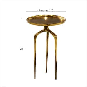 16 in. Gold Tray Inspired Top Large Round Aluminum End Accent Table with 3 Tripod Legs